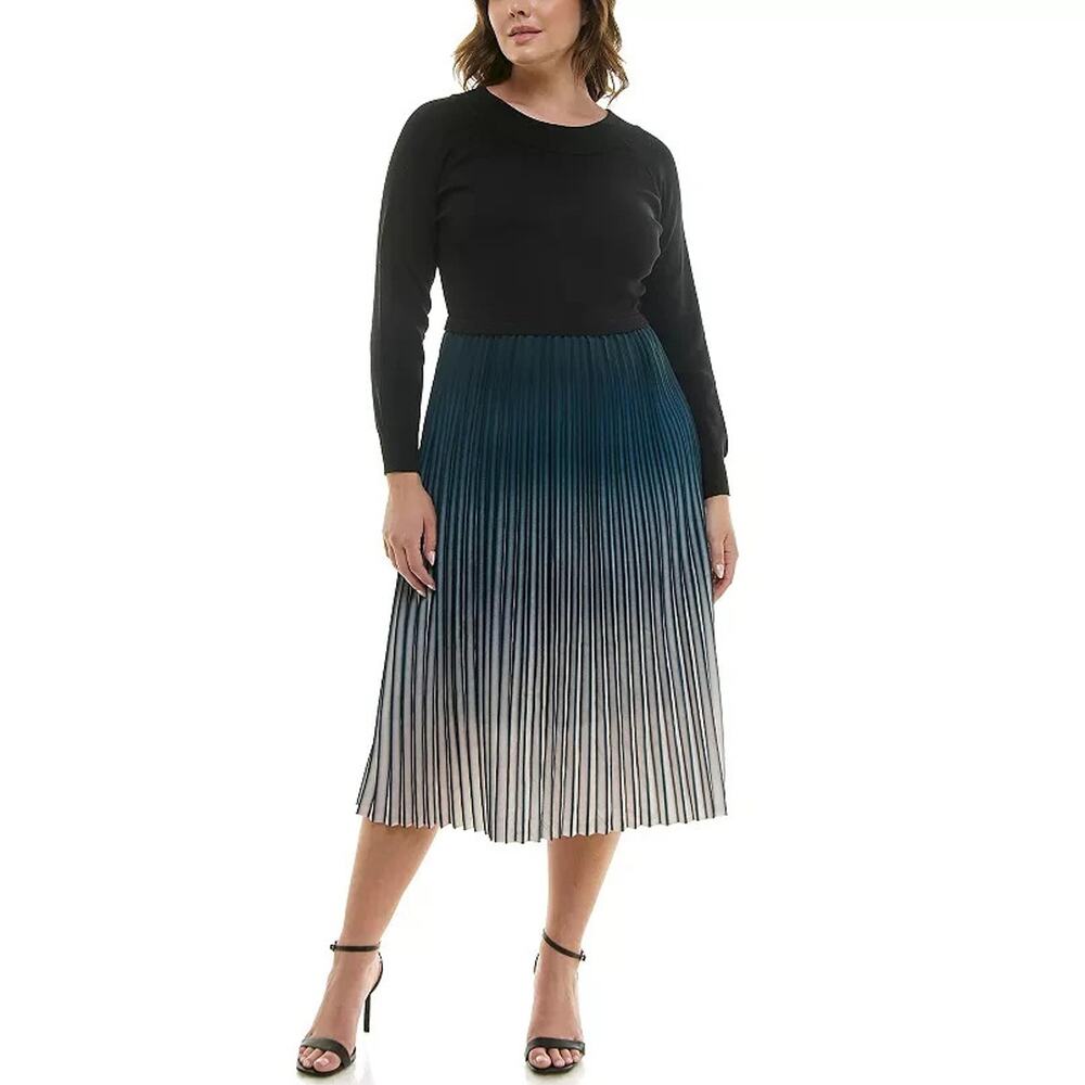 NWT Nanette Lepore XL Ombre Pleated Midi Dress Black/Blue Long Slv Classic FLAW - Picture 2 of 13